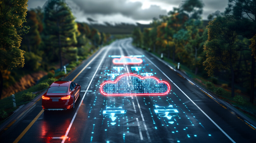 Red electric car driving on a highway sending and receiving data from the cloud.